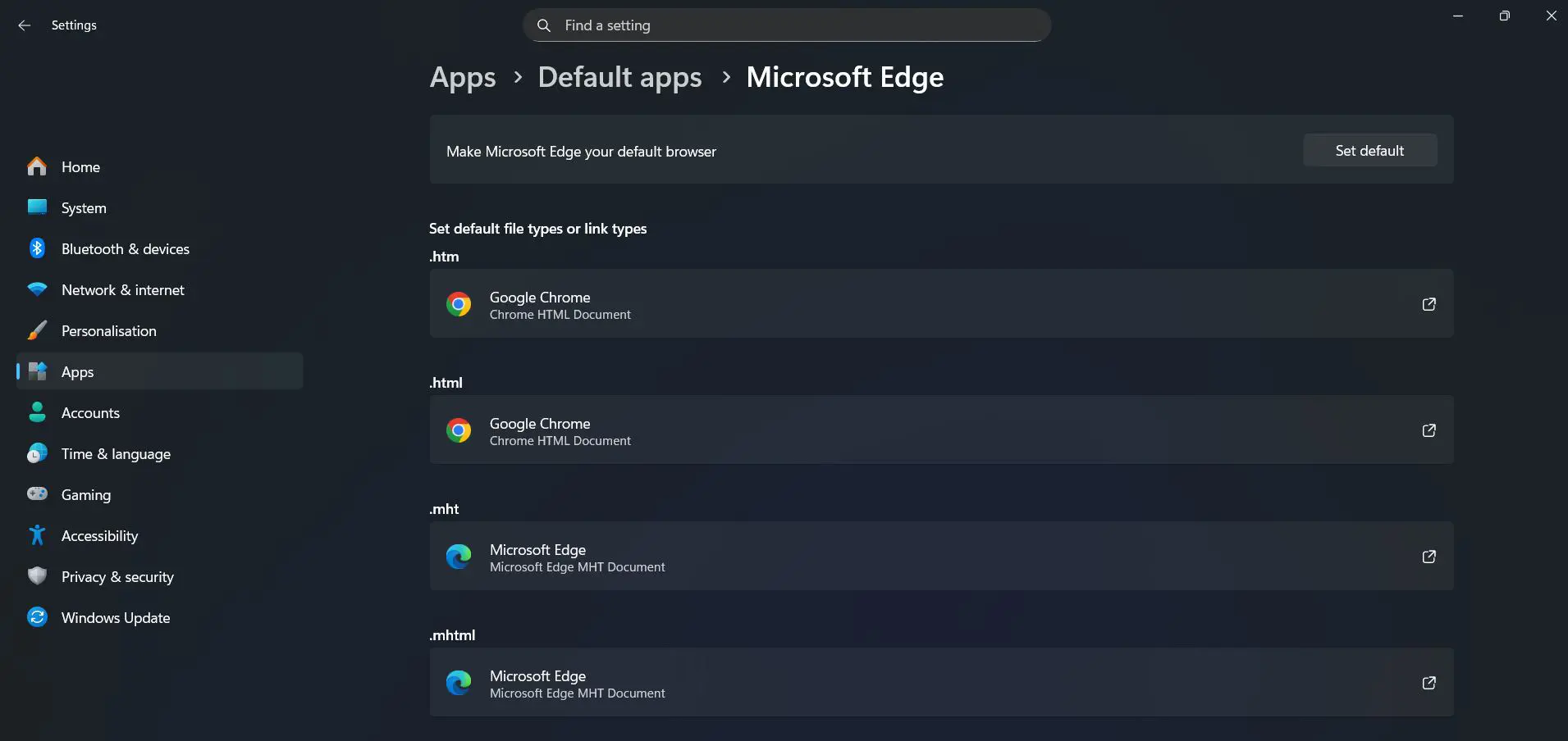 A list of file types and link types will appear and Click on each file type individually and select the preferred browser
