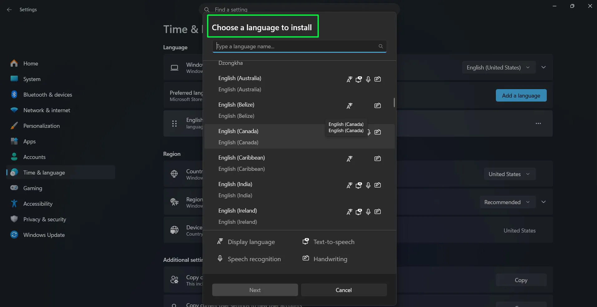 Browse or search for the desired language from the list