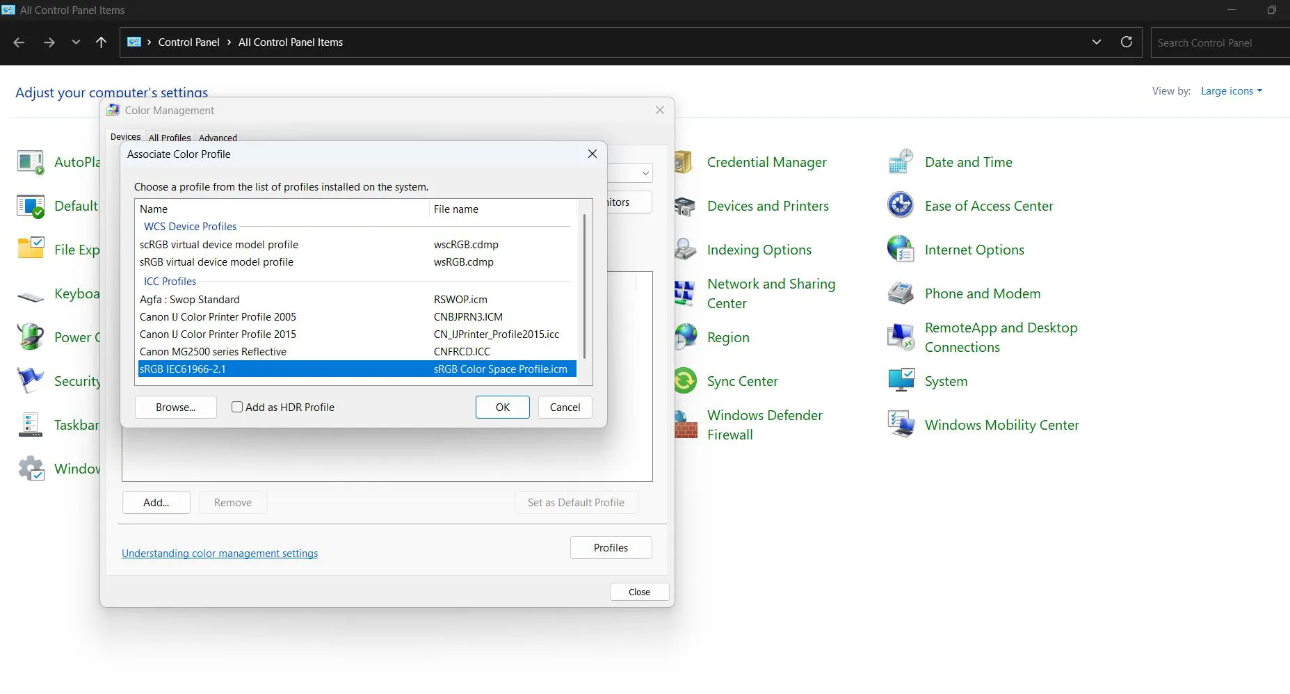 Browse the list of installed profiles or click 'Browse' to add a custom profile