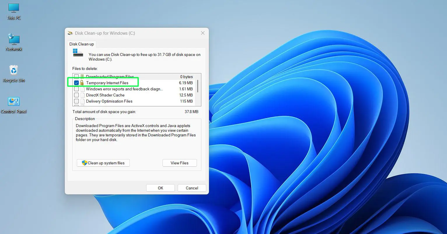 Check all boxes, especially Temporary files and Temporary Internet Files