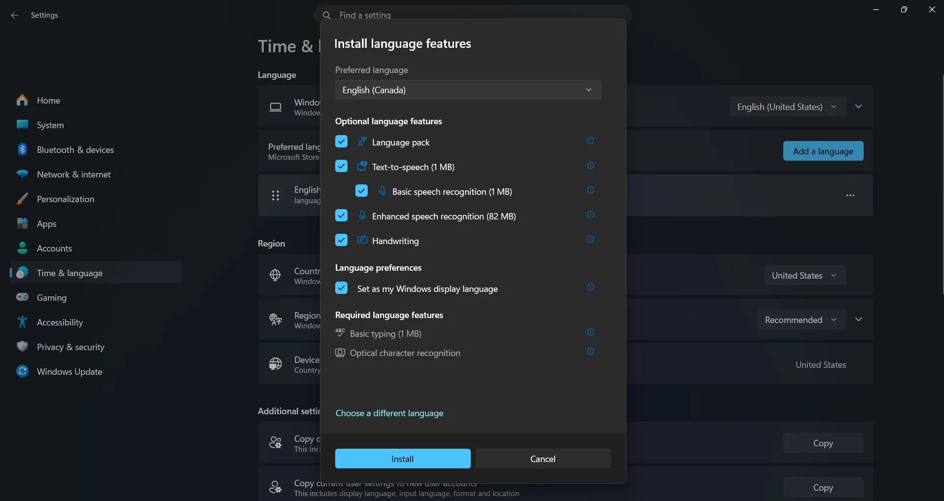 Check the box for 'Set as my Windows display language' and Click 'Install' to download and install the language pack.