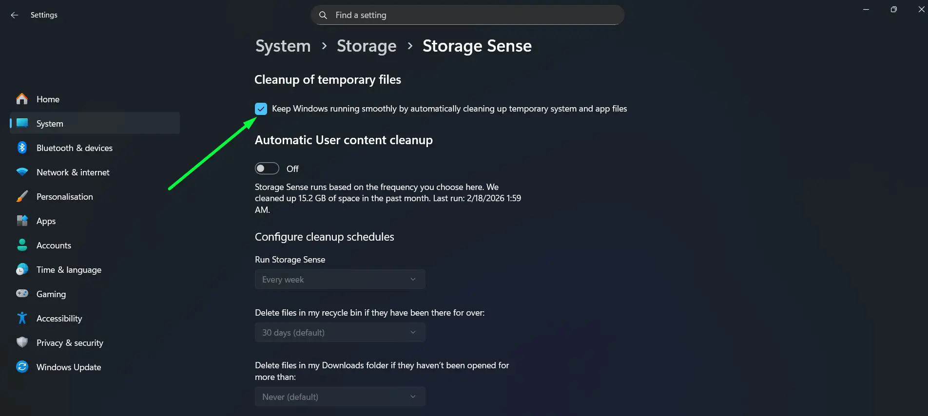 Check the box under ‘Cleanup of temporary files’ to keep Windows automatically cleaning temporary system and app files