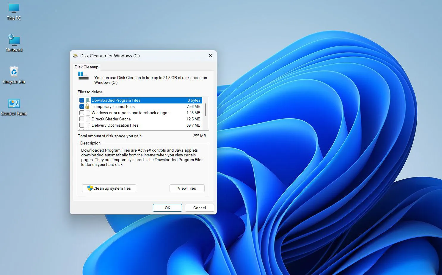 Check the boxes next to 'Temporary files', 'Temporary Internet Files', and 'Thumbnails'