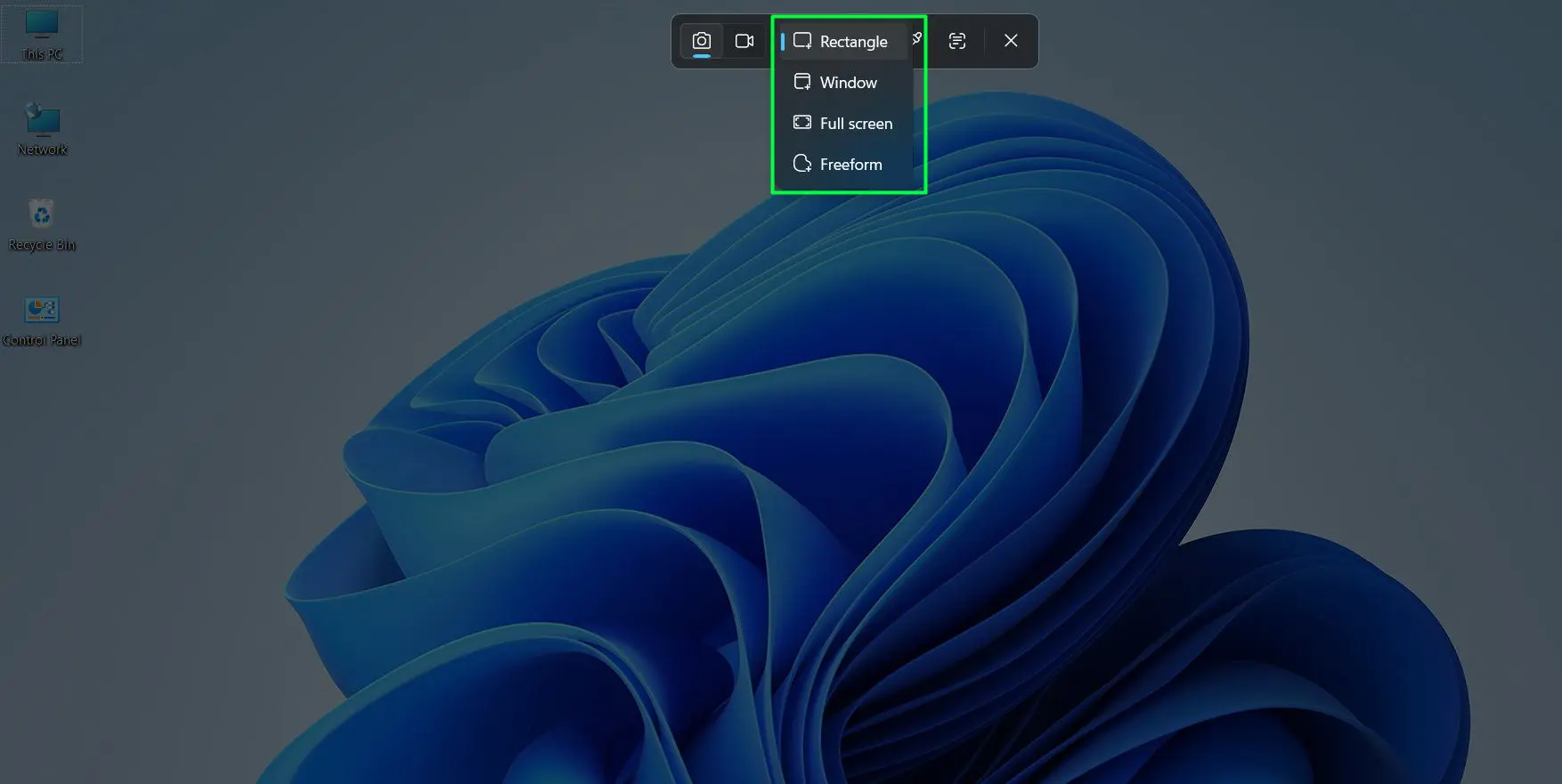 Choose from rectangular, freeform, window, or fullscreen options
