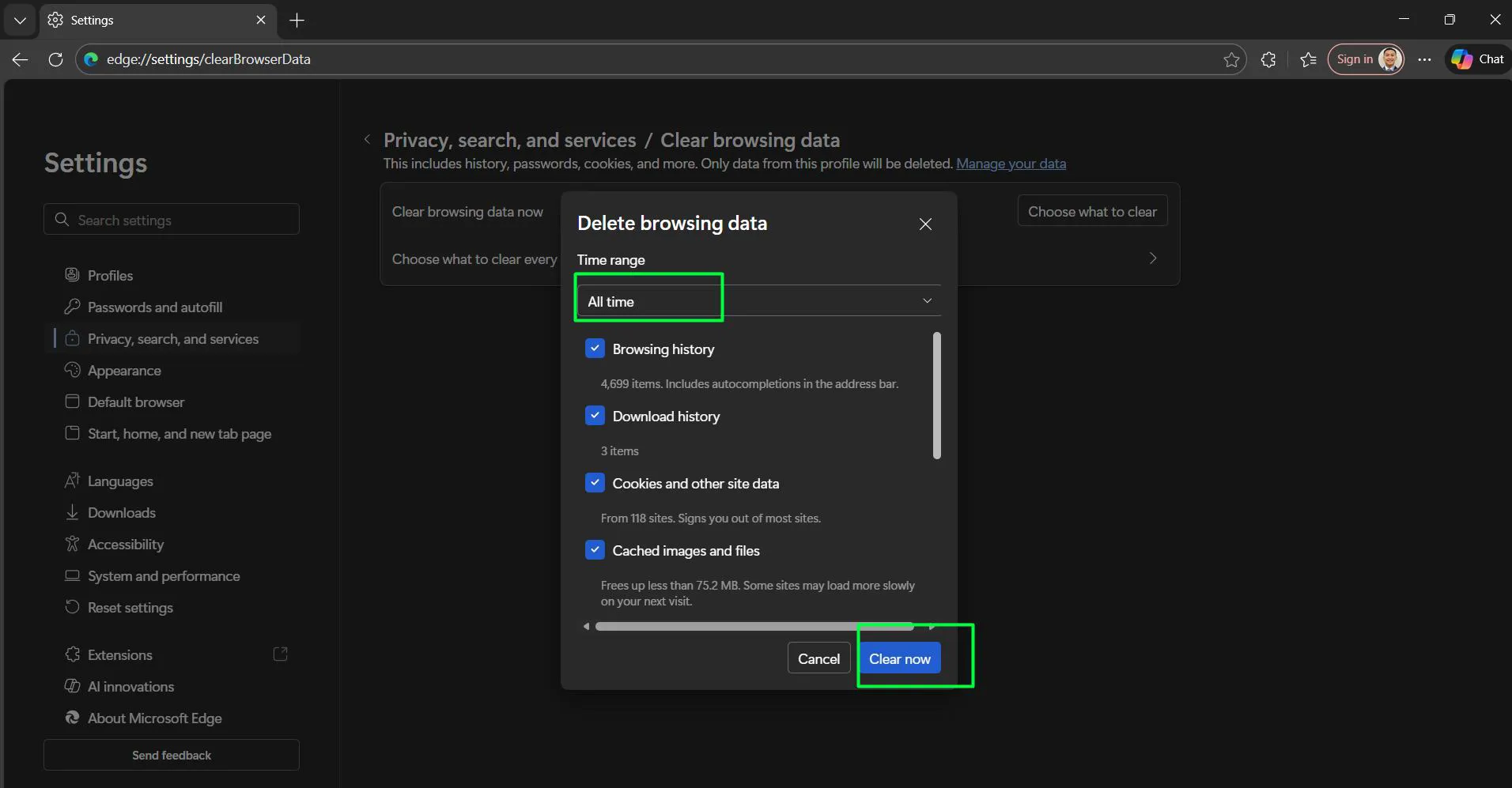 Clearing Browser Cache on Microsoft Edge