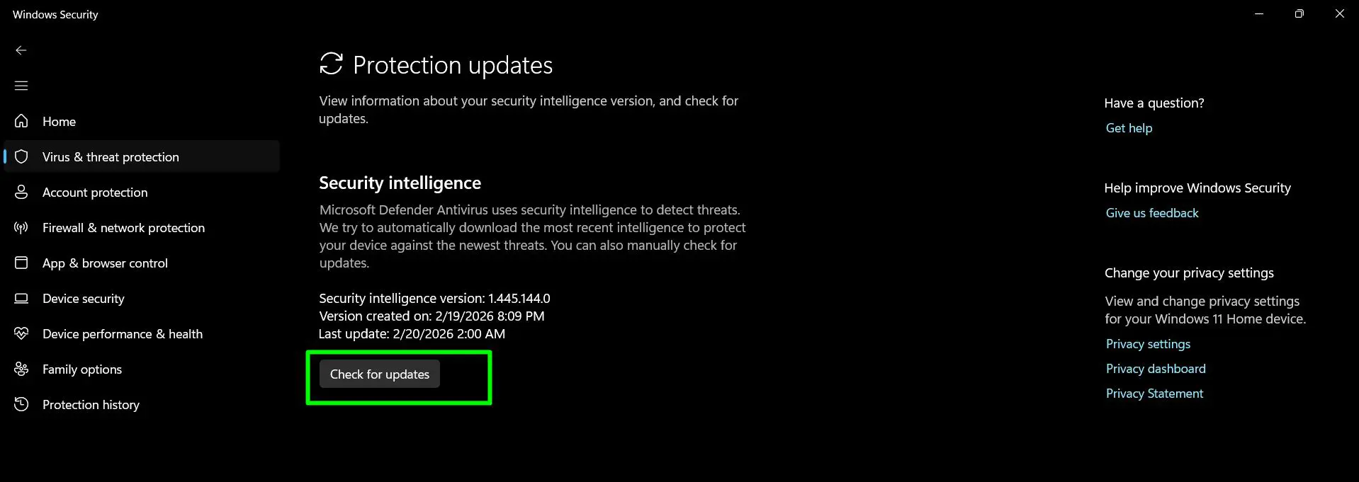 Click ‘Check for updates’ to manually check for and install the latest definitions