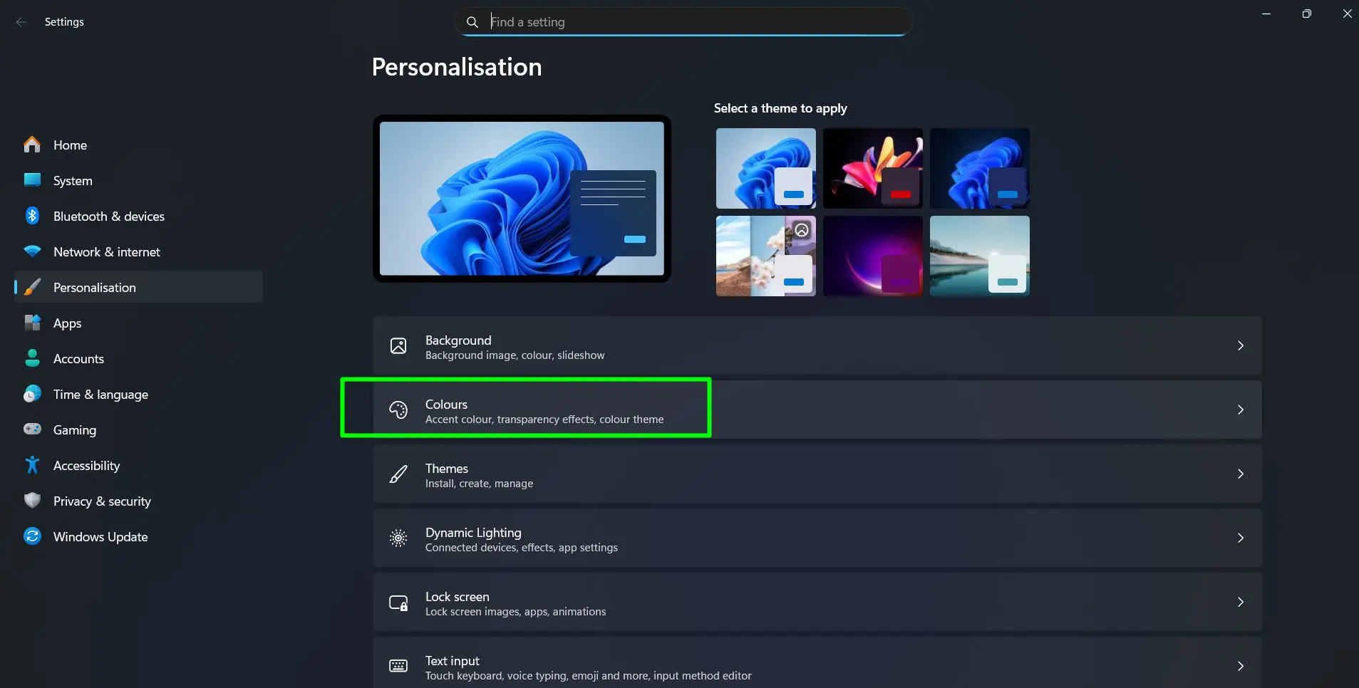 Click ‘Colors’ in the personalization window