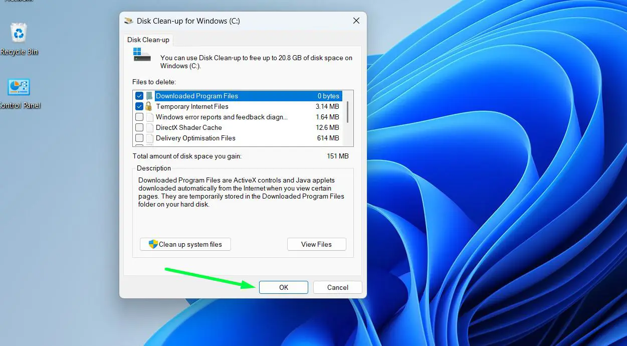 Click OK and then Delete Files to confirm