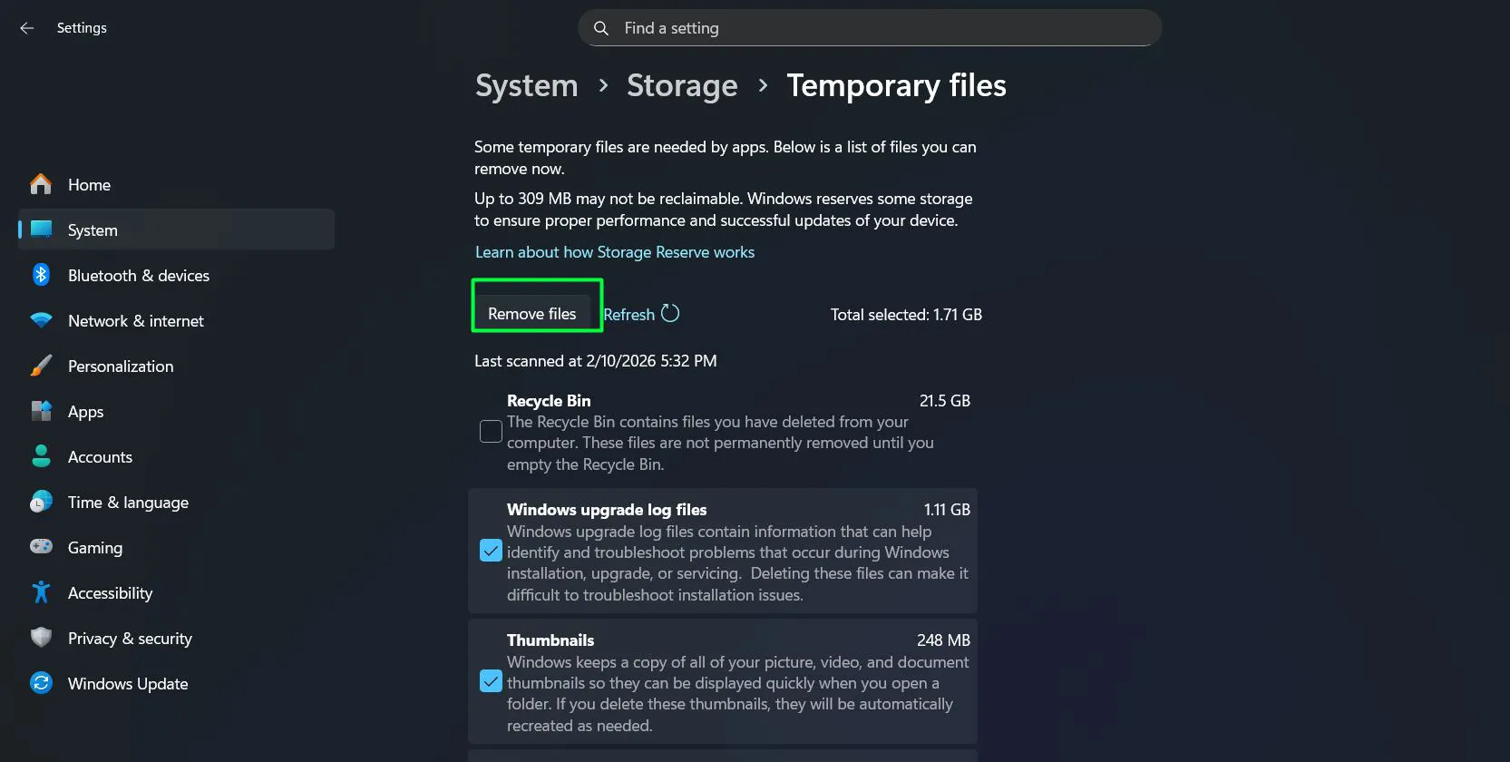 Click 'Remove files' at the top