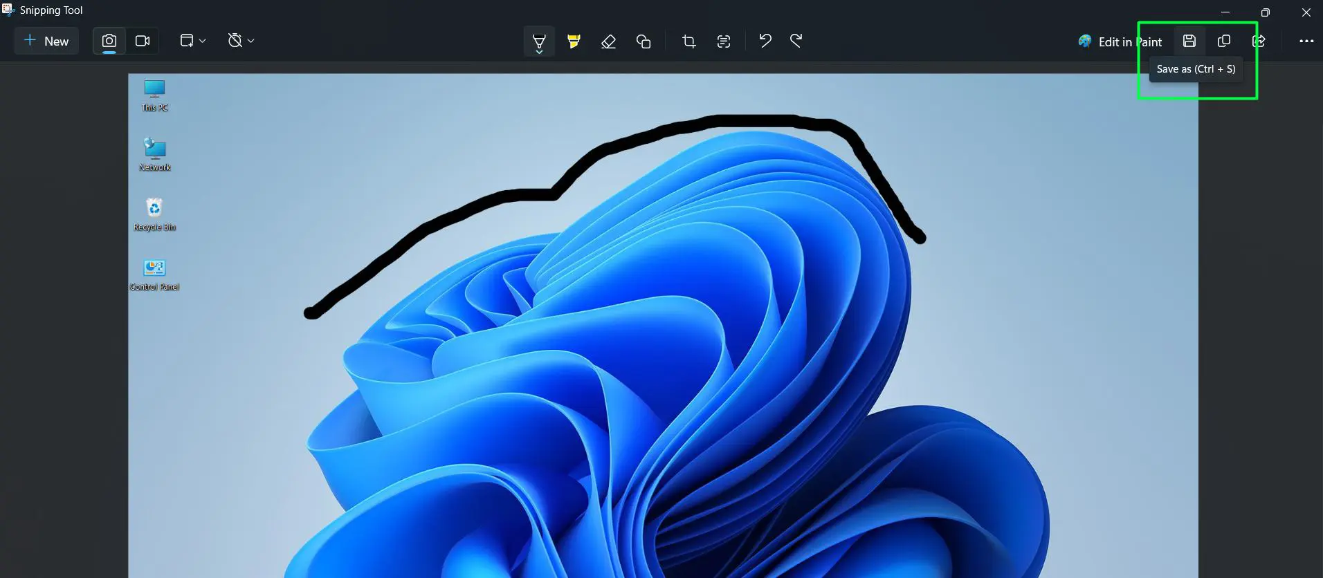 Click ‘Save As’ icon in Snipping Tool located in top right corner of the screen