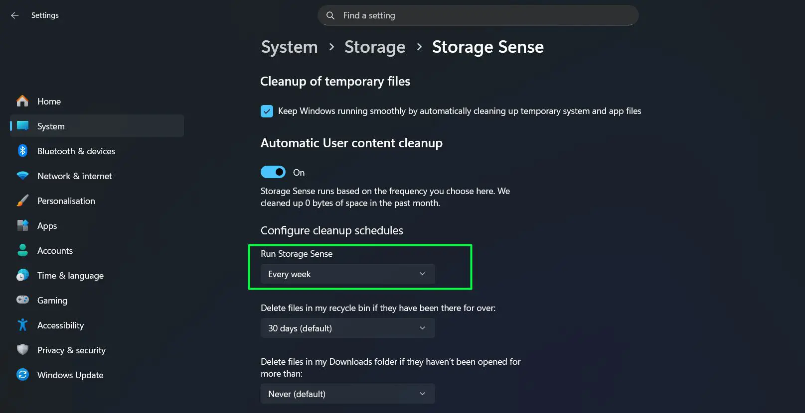 Click Storage Sense to configure – set it to run ‘Every week’ for best results