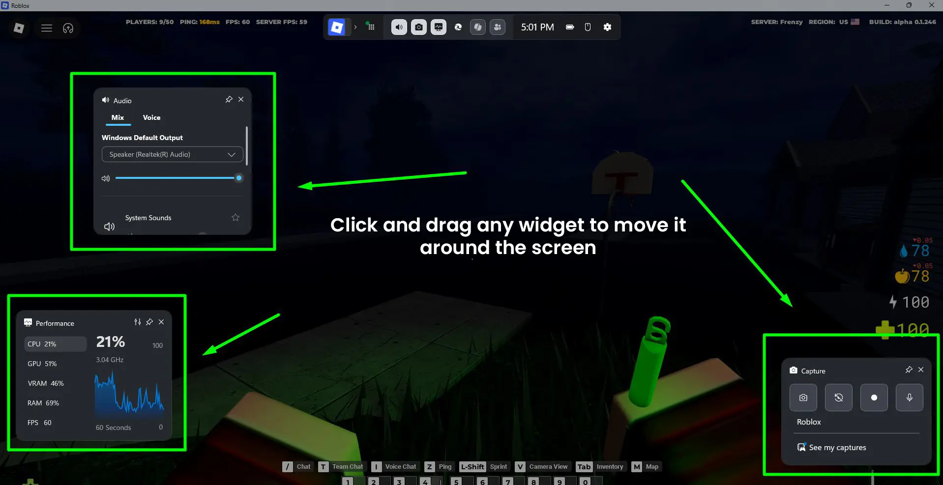 Click and drag any widget to move it around the screen