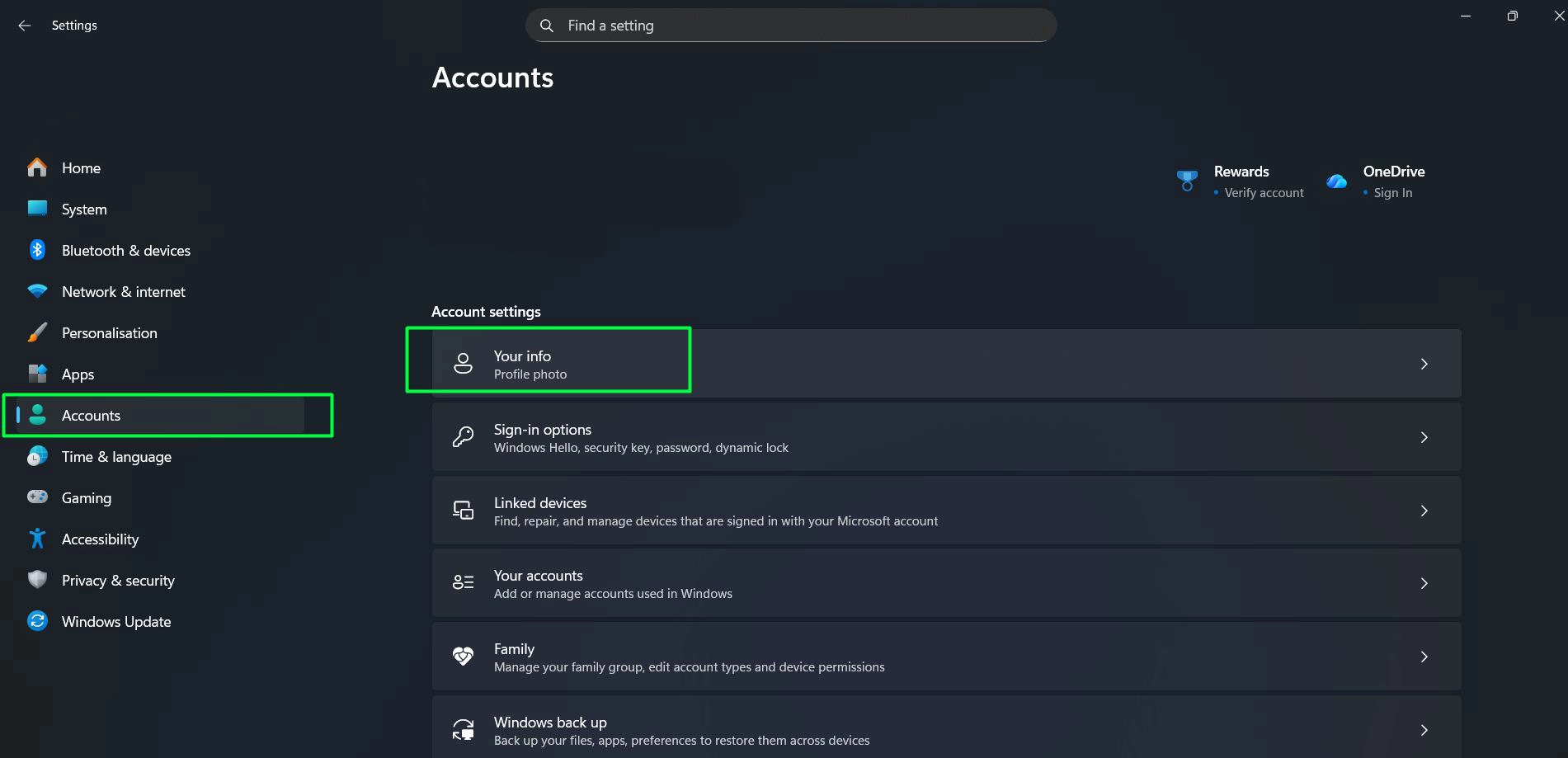 Click on ‘Accounts’ from the left sidebar menu and Select ‘Your info’ from the account options
