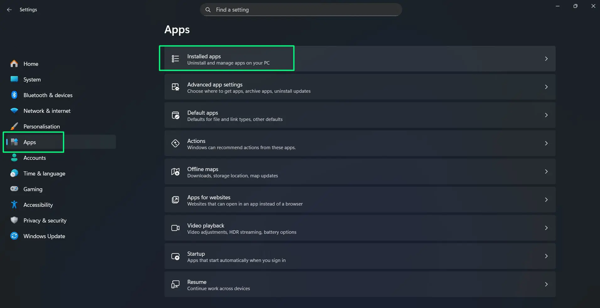 Click on ‘Apps’ from the left-side menu and Select ‘Installed apps’