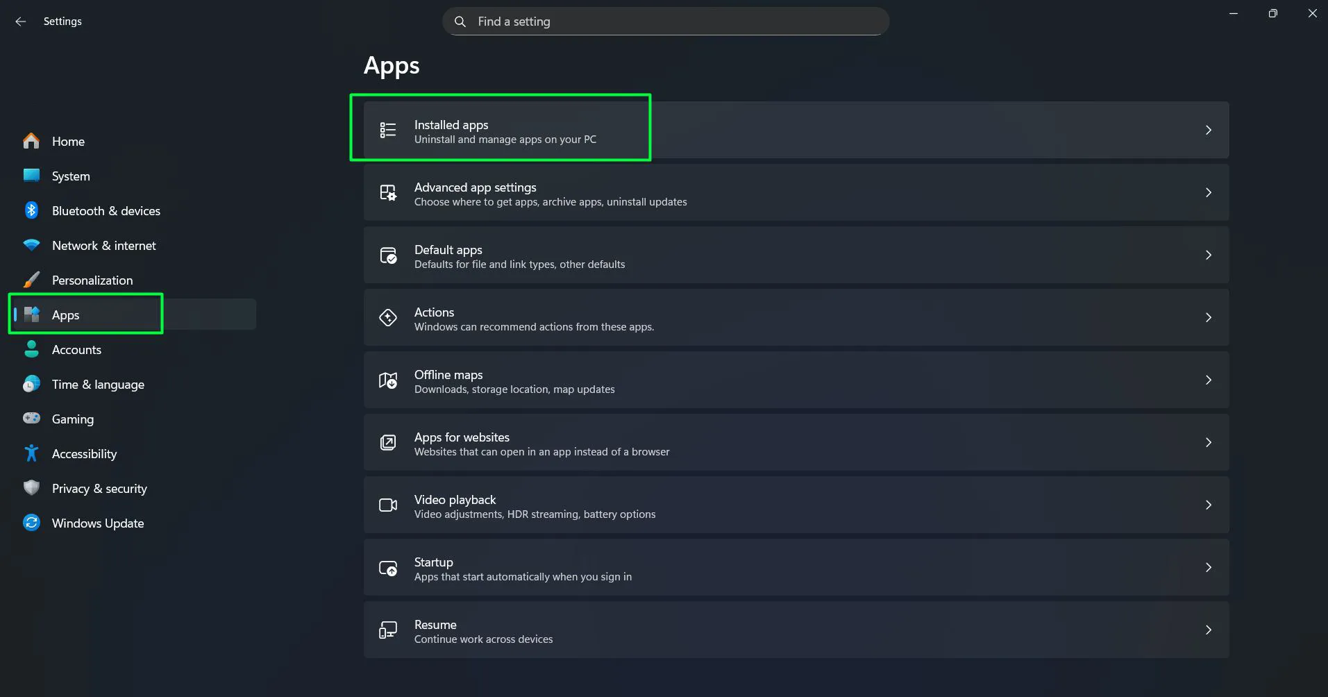 Click on 'Apps' from the left sidebar and Select 'Installed apps'