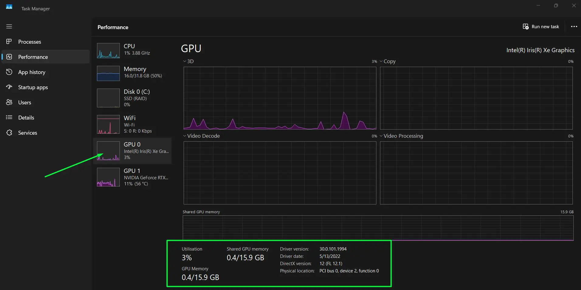 Click on ‘GPU 0’ (or whichever GPU entry the system shows) to open the statistics view.