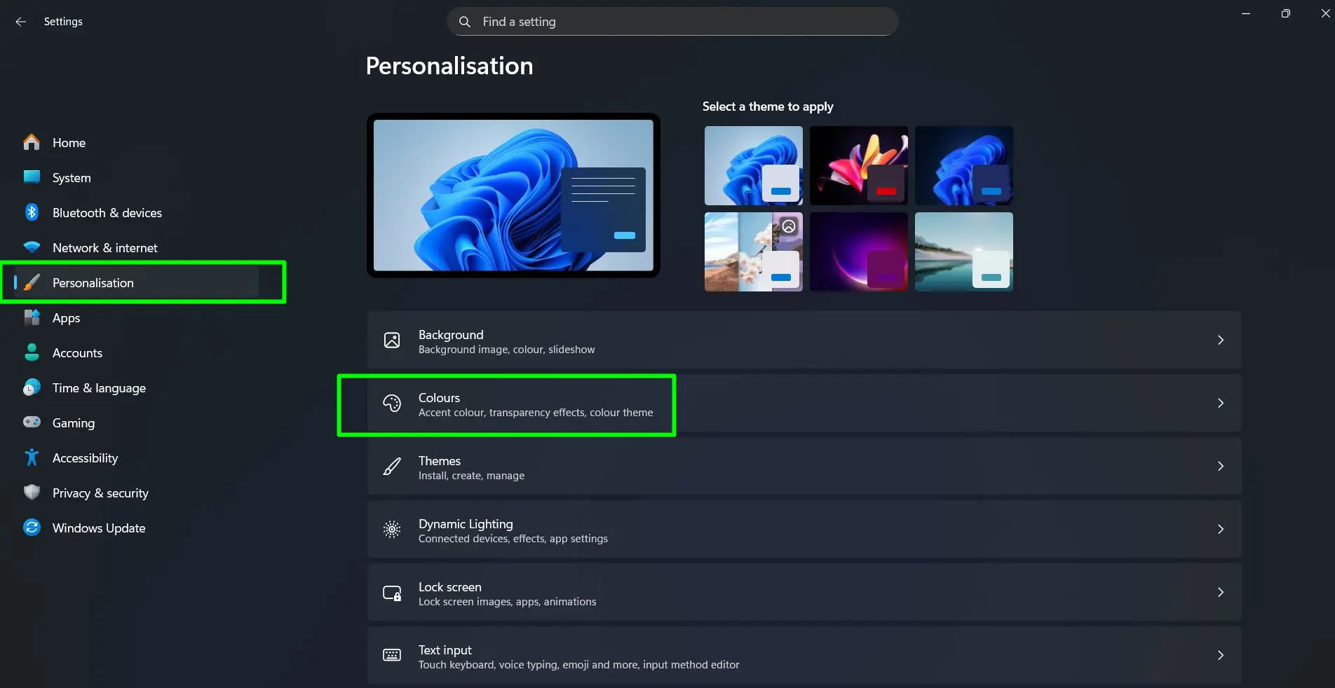 Click on ‘Personalization’ in the left sidebar then Select ‘Colors’