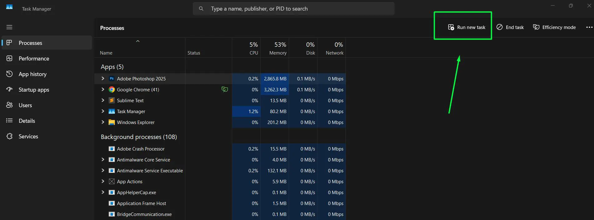 Click on ‘Run new task’ from the drop-down menu located in the top left corner of the window