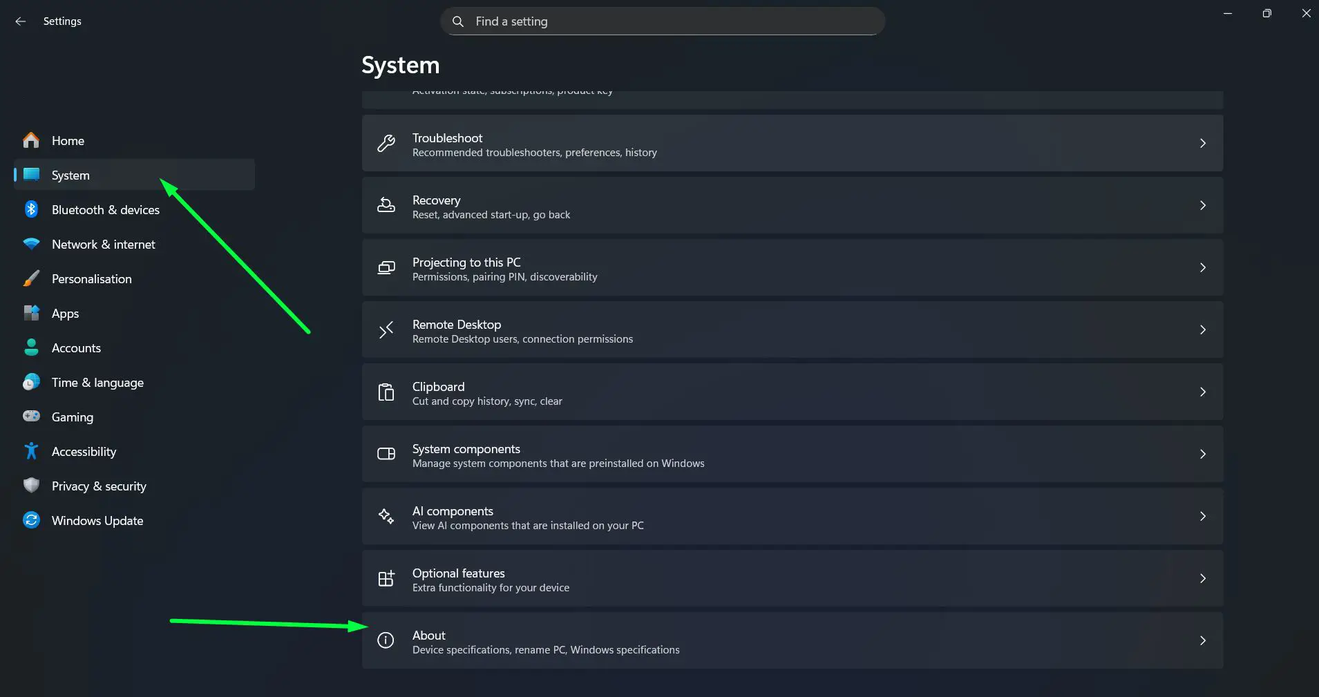Click on System then Scroll down and click About