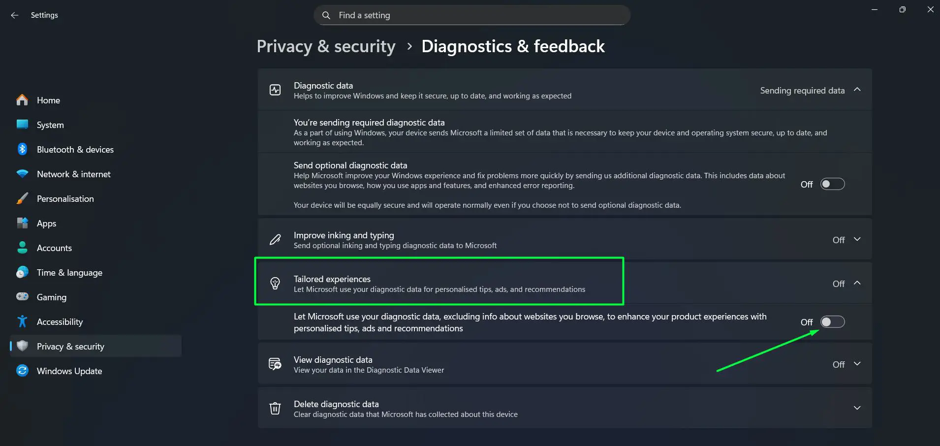 Click on ‘Tailored experiences’ and toggle it off