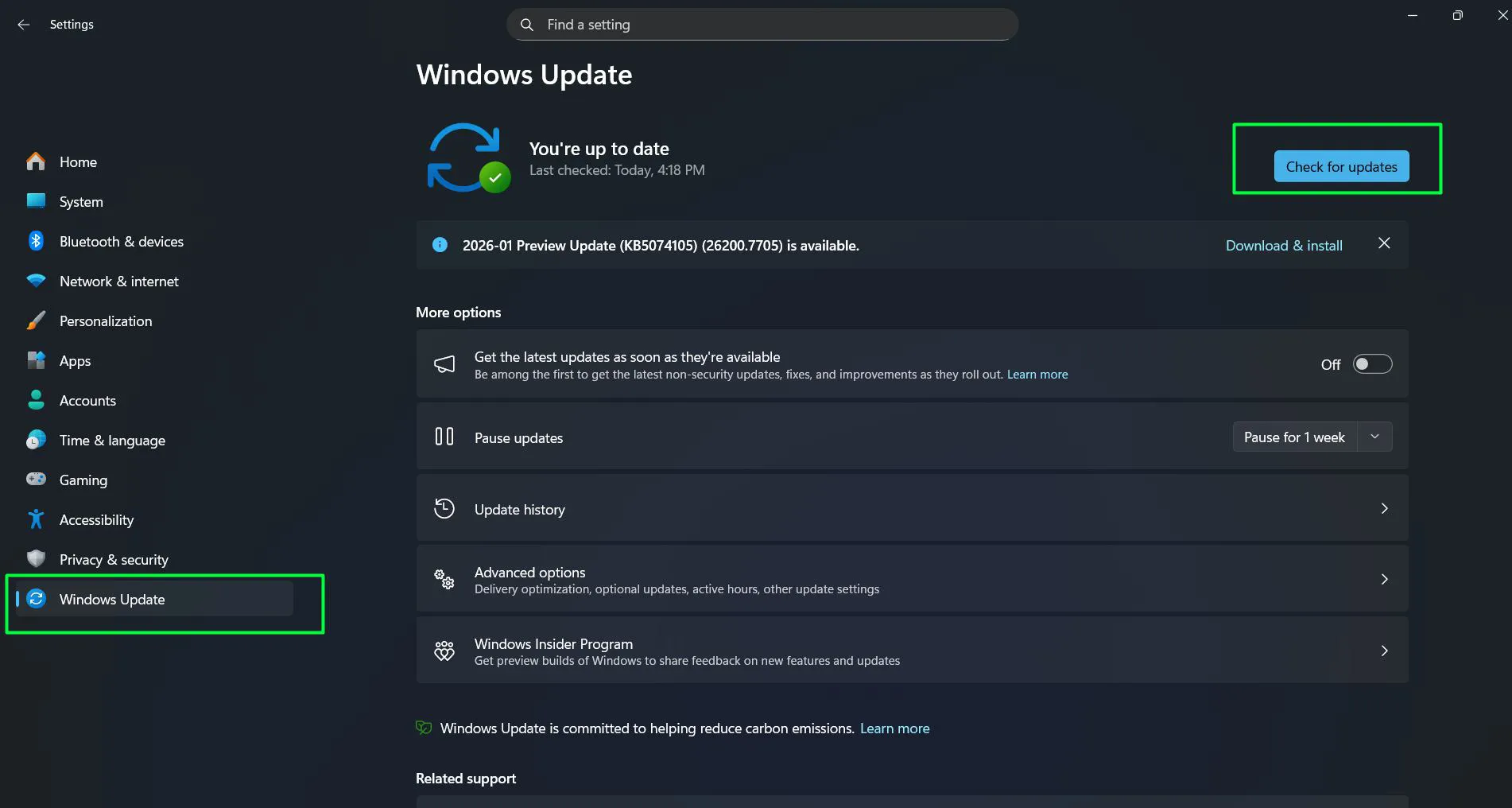 Click on 'Windows Update' in the left sidebar and Select 'Check for updates'
