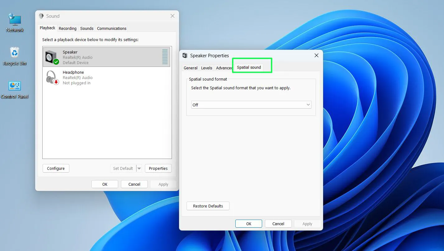 Click on the ‘Spatial sound’ tab