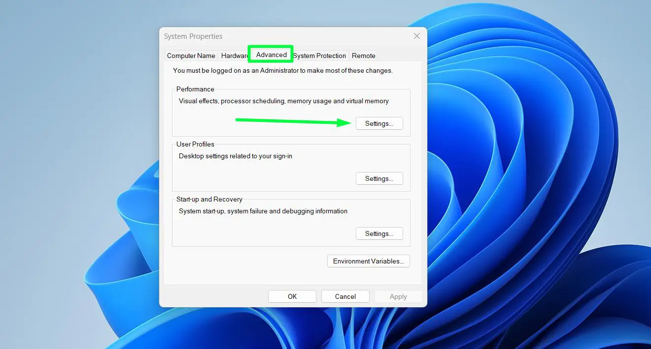 Click the Advanced tab, then click ‘Settings’ under Performance