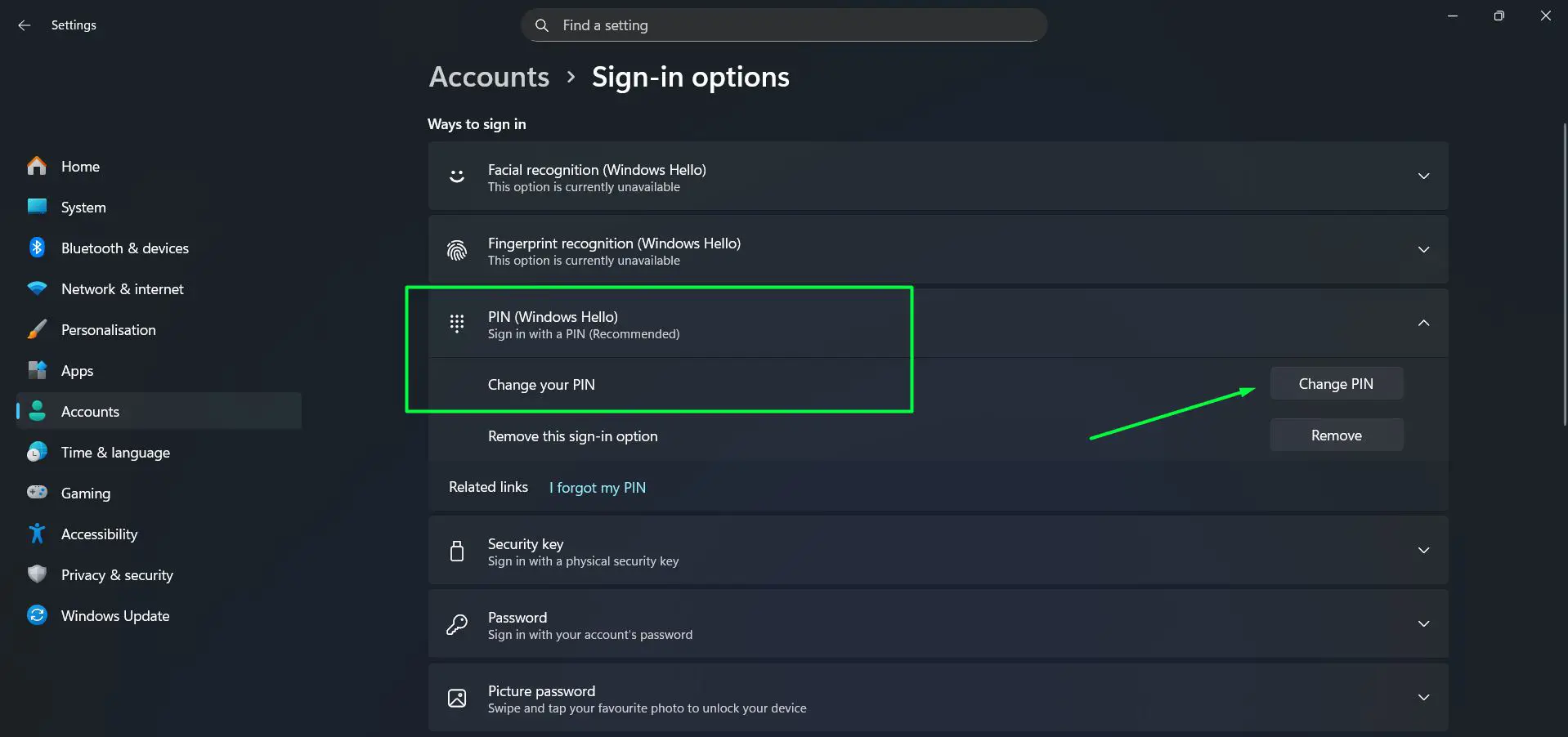 Click the Change PIN button