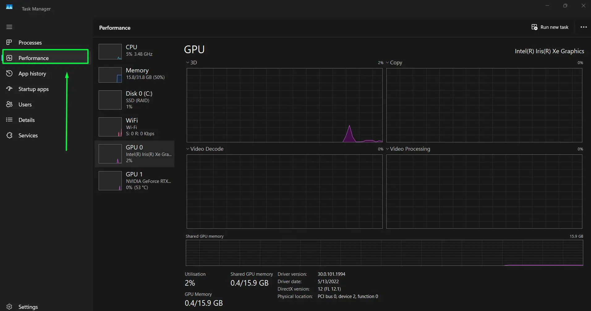 Click the ‘Performance’ tab on the left side of the Task Manager window