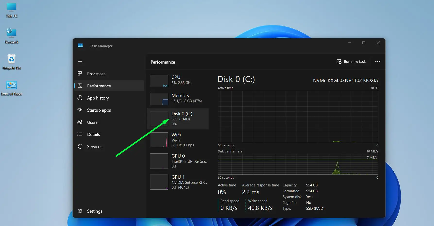Click the Performance tab then select the disk drive and At the bottom right, it will say either ‘SSD’ or ‘HDD’