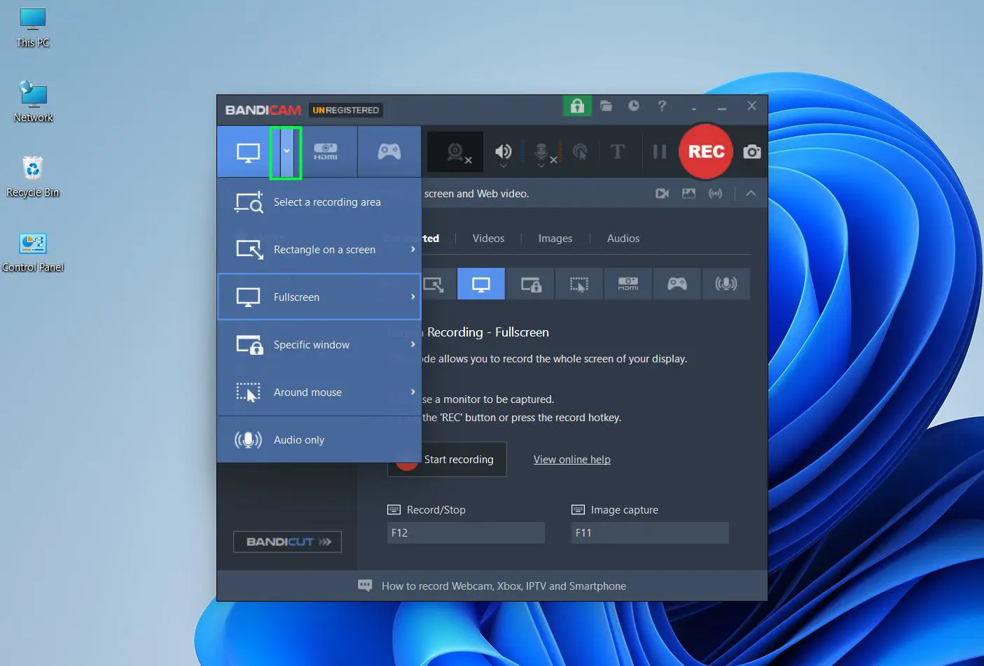 Click the Screen Recording Mode icon in the top-left of the toolbar, then click the small dropdown arrow beside it to choose a capture type