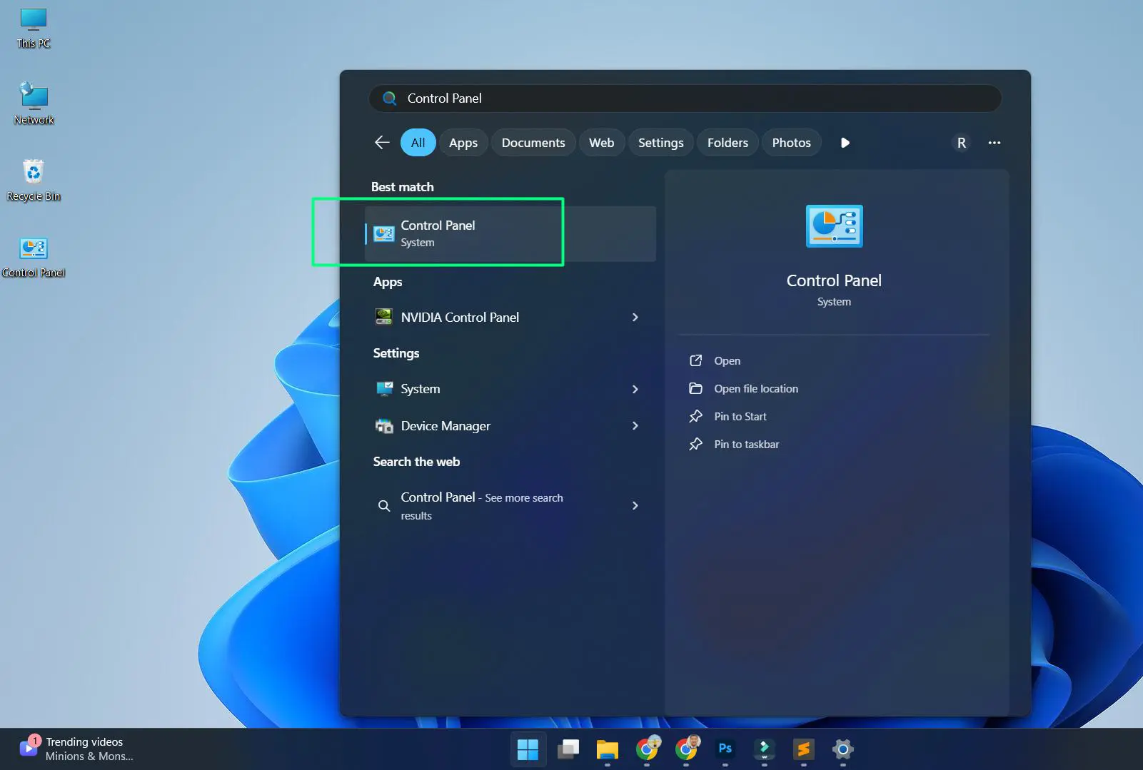 Click the Start button and type ‘Control Panel’ in the search bar and Open Control Panel from the results.