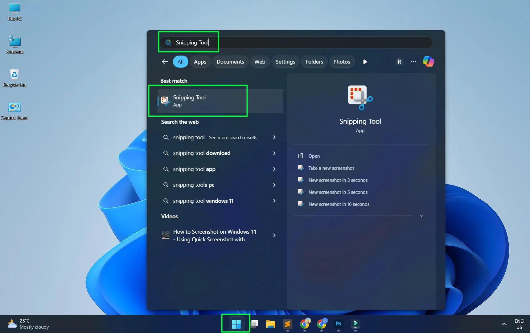 Click the Start button and type ‘Snipping Tool’