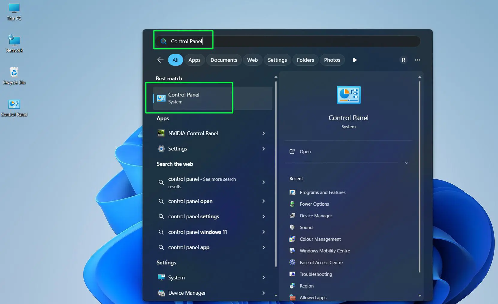 Click the Start menu and open Control Panel
