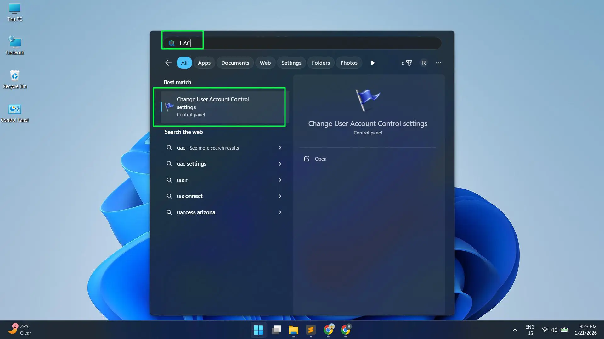 Click the Start menu and type ‘UAC’ then Click on ‘Change User Account Control settings’