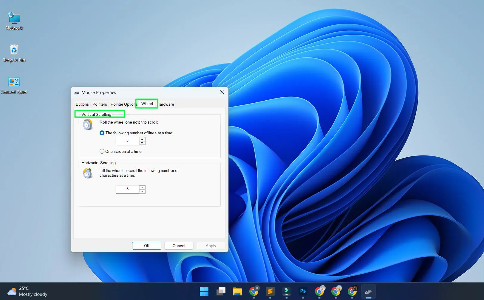 Click the 'Wheel' tab at the top of the Mouse Properties window and Find the 'Vertical Scrolling' section