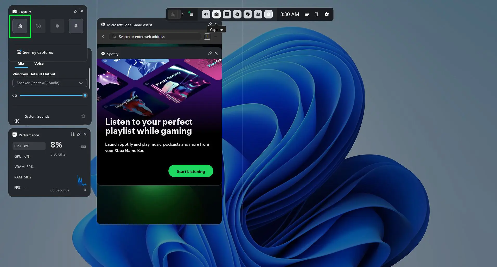 Click the camera icon in the capture widget