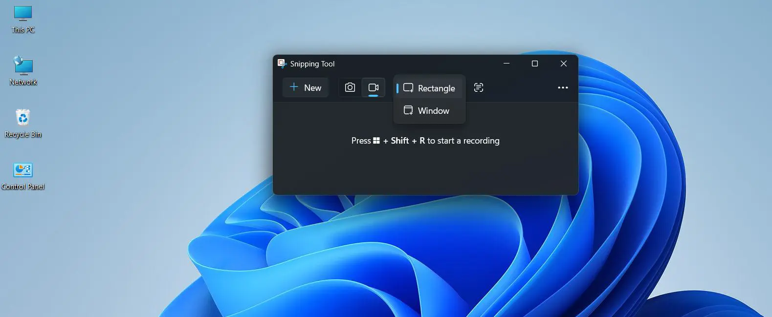 Click the dropdown arrow on the Recording Area icon