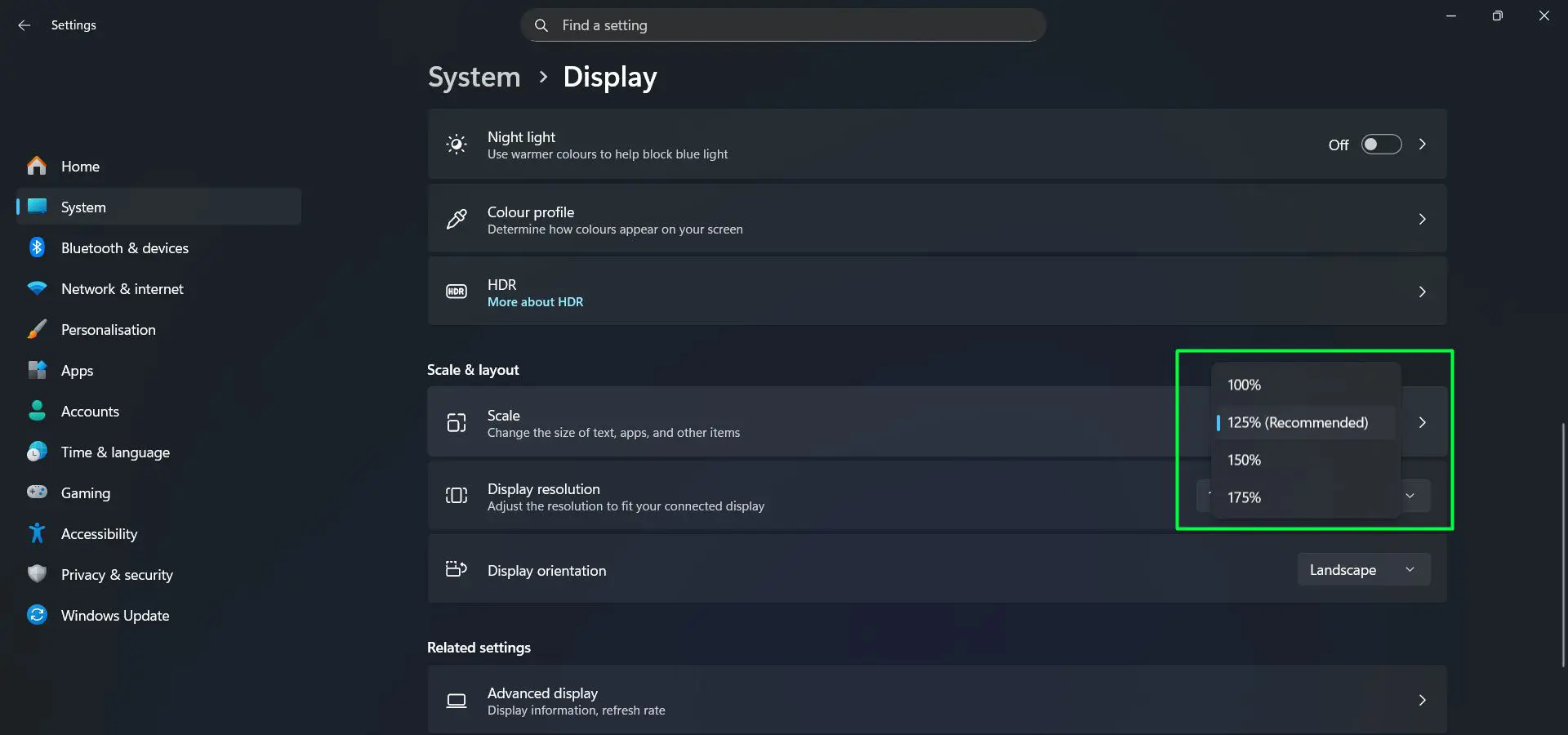 Click the dropdown menu and Select your preferred scaling percentage