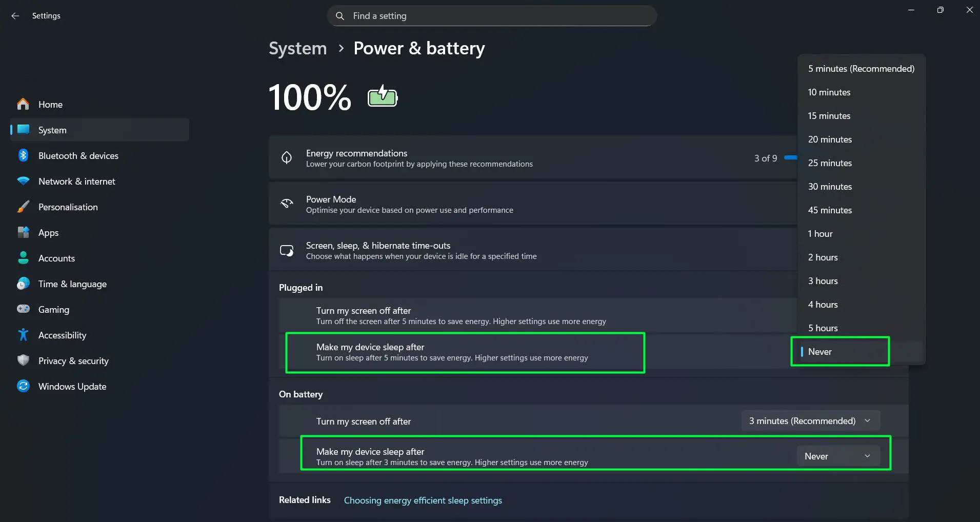 Click the dropdown menu for ‘Make my device sleep after’ under both ‘Plugged in’ and ‘On battery’ and select ‘Never’
