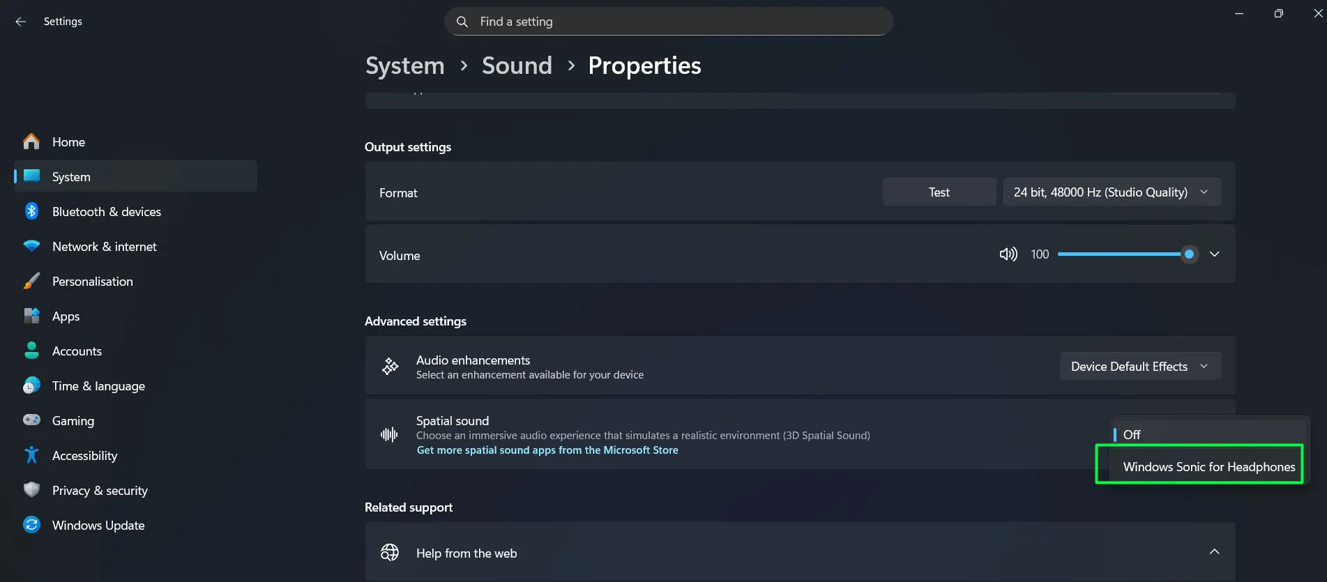 Click the dropdown on the right side and Select ‘Windows Sonic for Headphones’