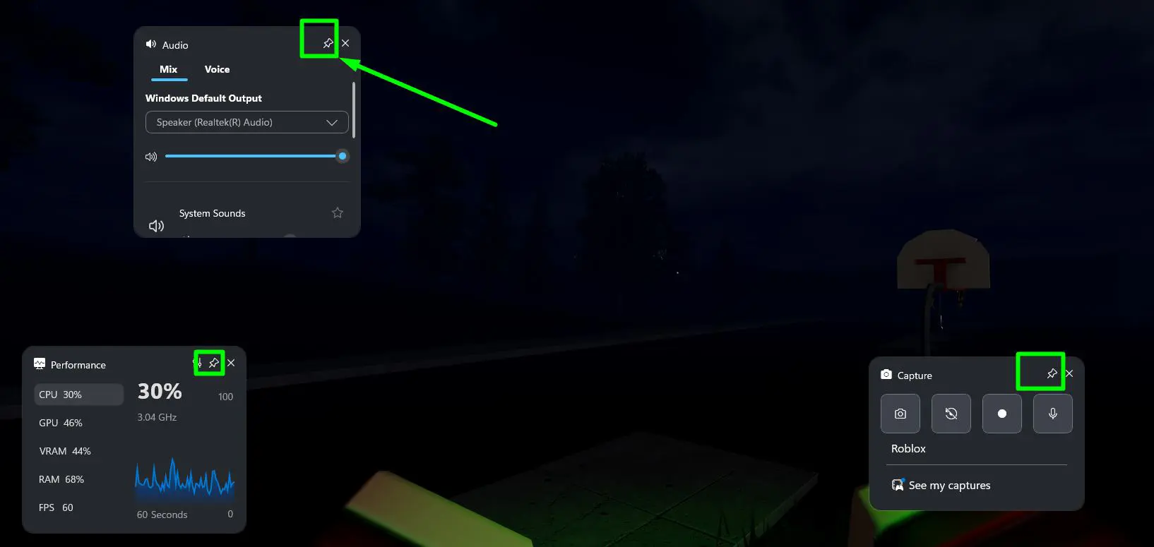 Click the pin icon on any widget to keep it visible even after closing the main overlay