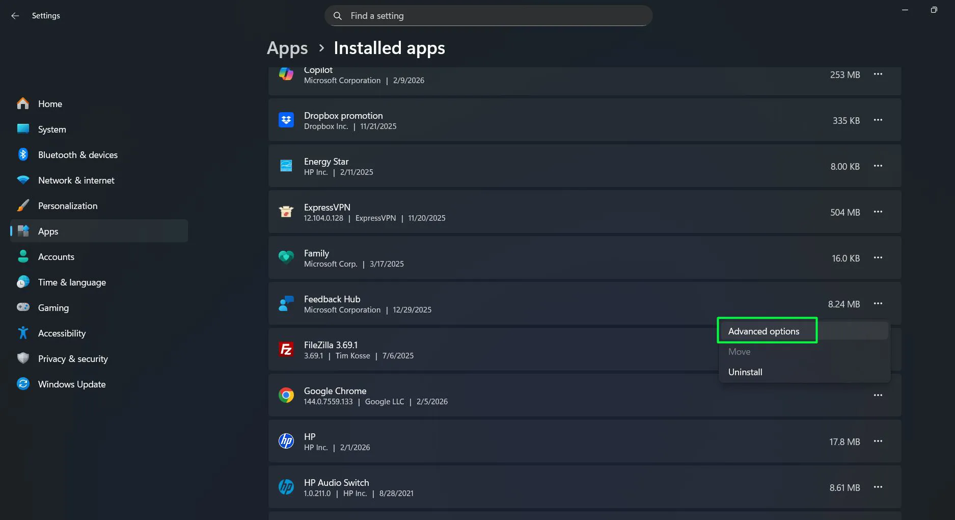 Click the three-dot menu next to the app name and Select 'Advanced options'
