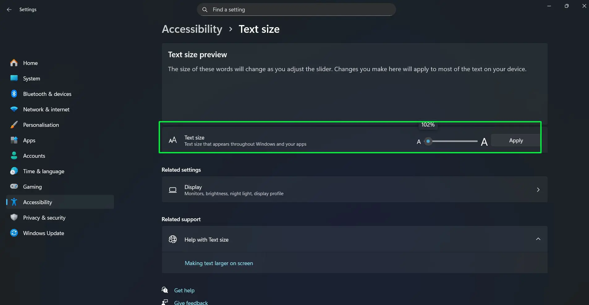 Drag the slider to adjust text size (100% to 225%)