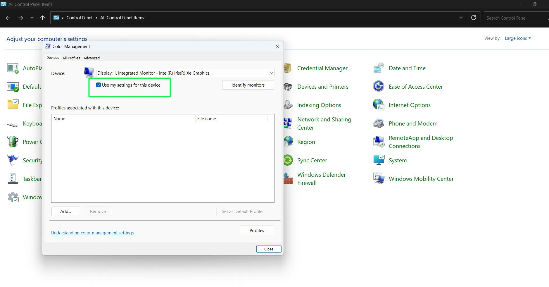 Ensure the correct monitor is selected in the 'Device' dropdown and Check the box 'Use my settings for this device'