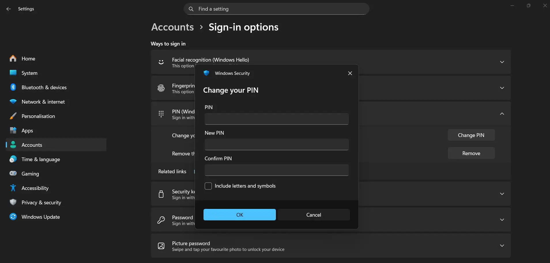 Enter the current PIN in the first field, type the new PIN in the second field, and confirm the new PIN in the third field