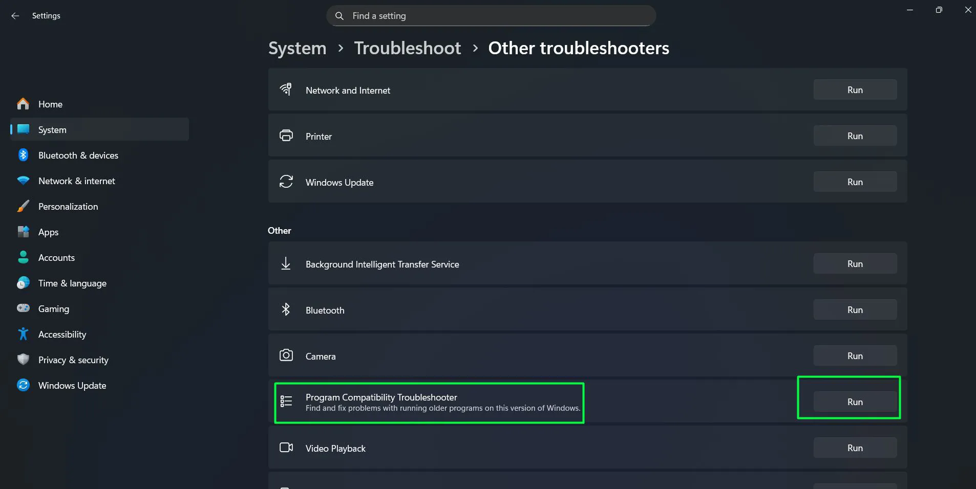 Find 'Program Compatibility Troubleshooter' and click 'Run'