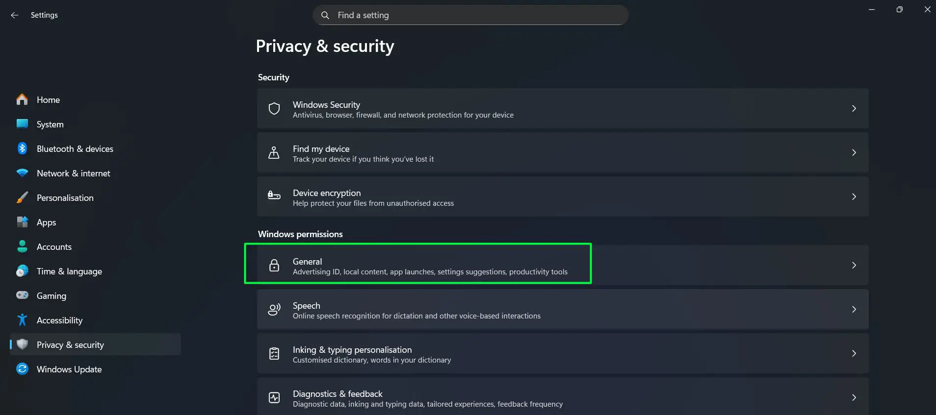 Go back to ‘Privacy and security’ and click ‘General’