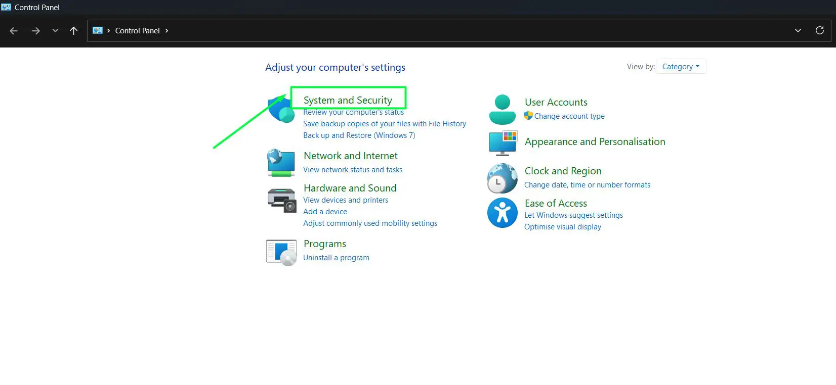 Go to ‘System and Security’