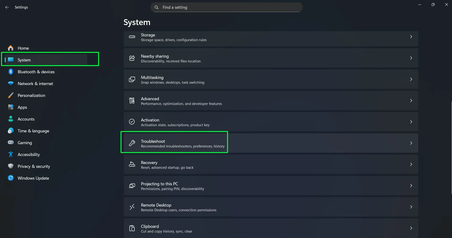 Go to 'System' and then select 'Troubleshoot'